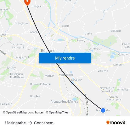 Mazingarbe to Gonnehem map