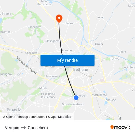 Verquin to Gonnehem map