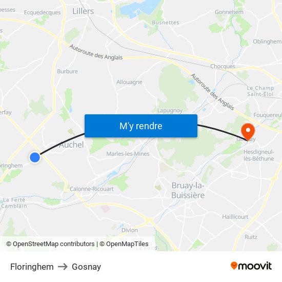 Floringhem to Gosnay map