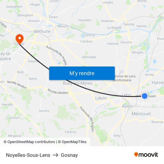 Noyelles-Sous-Lens to Gosnay map