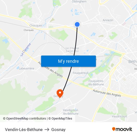 Vendin-Lès-Béthune to Gosnay map