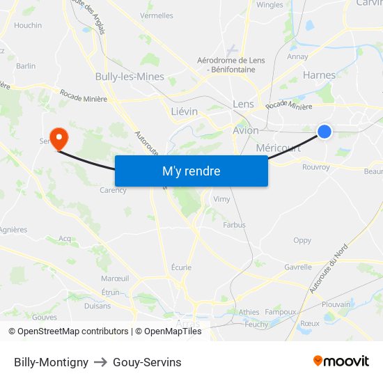 Billy-Montigny to Gouy-Servins map