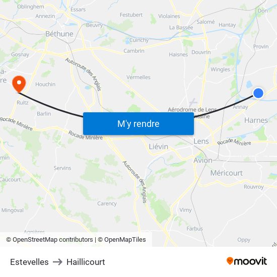 Estevelles to Haillicourt map