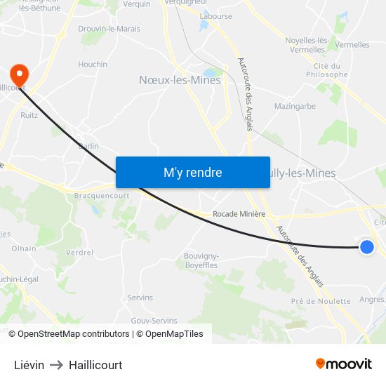 Liévin to Haillicourt map