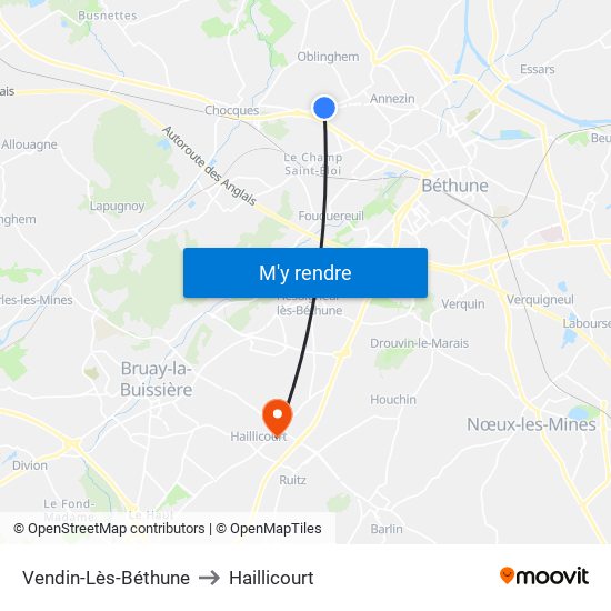 Vendin-Lès-Béthune to Haillicourt map