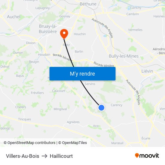 Villers-Au-Bois to Haillicourt map