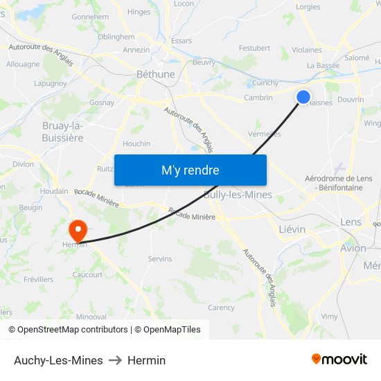 Auchy-Les-Mines to Hermin map