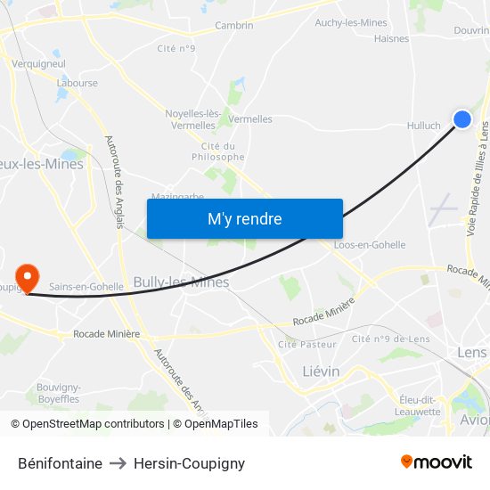 Bénifontaine to Hersin-Coupigny map