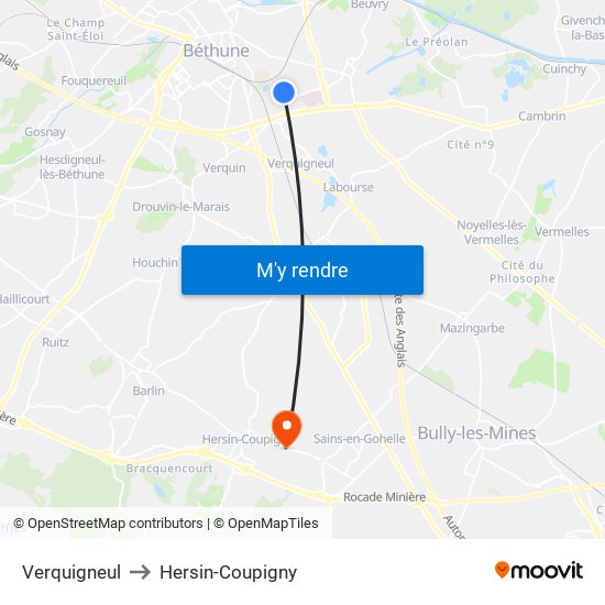 Verquigneul to Hersin-Coupigny map