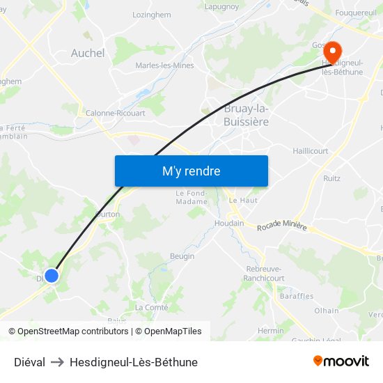 Diéval to Hesdigneul-Lès-Béthune map