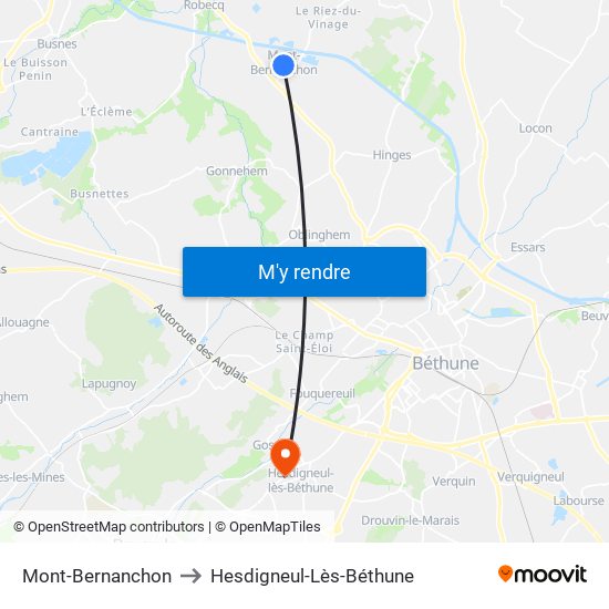 Mont-Bernanchon to Hesdigneul-Lès-Béthune map