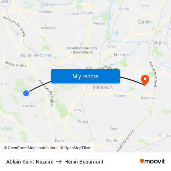 Ablain-Saint-Nazaire to Hénin-Beaumont map