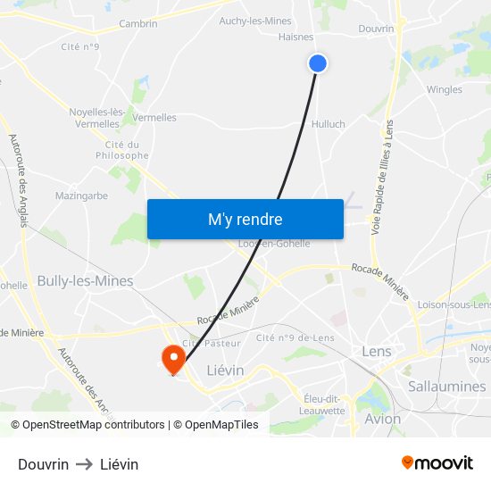 Douvrin to Liévin map