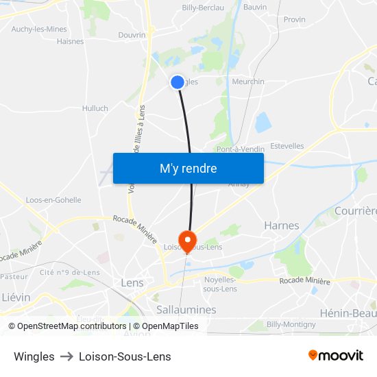 Wingles to Loison-Sous-Lens map