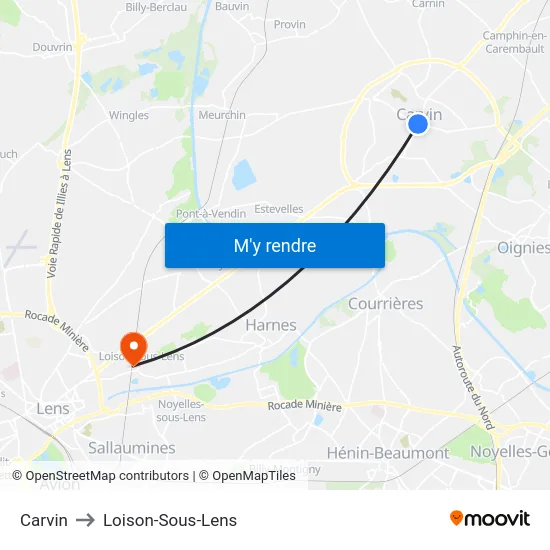 Carvin to Loison-Sous-Lens map