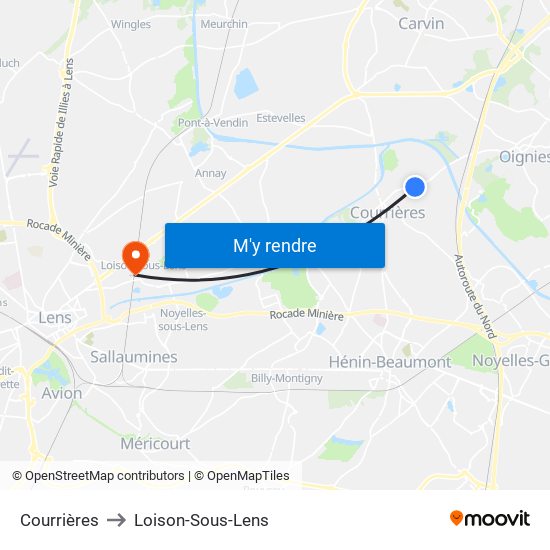 Courrières to Loison-Sous-Lens map