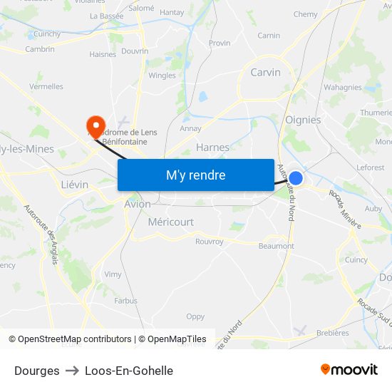 Dourges to Loos-En-Gohelle map