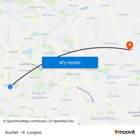 Auchel to Lorgies map