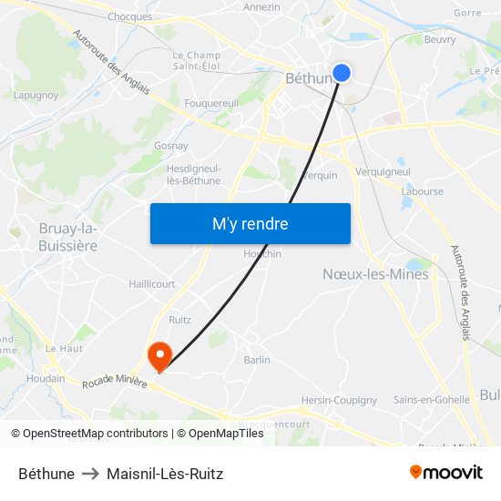 Béthune to Maisnil-Lès-Ruitz map