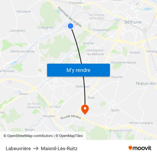 Labeuvrière to Maisnil-Lès-Ruitz map