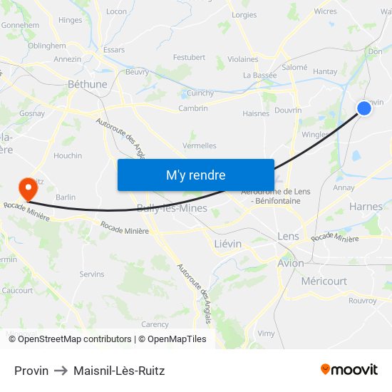 Provin to Maisnil-Lès-Ruitz map