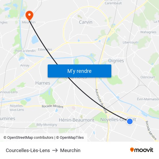 Courcelles-Lès-Lens to Meurchin map