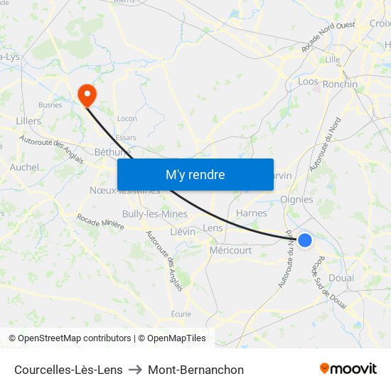 Courcelles-Lès-Lens to Mont-Bernanchon map