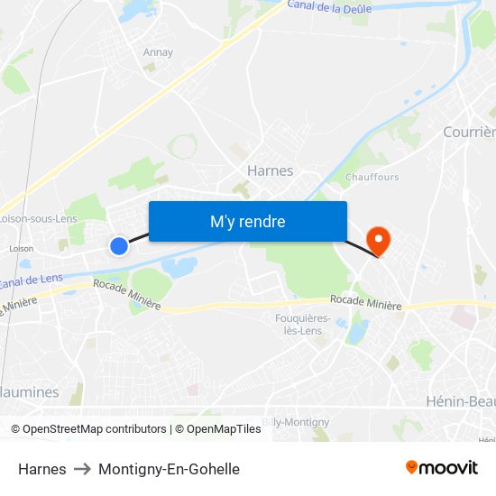 Harnes to Montigny-En-Gohelle map