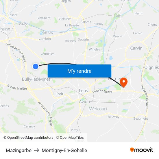 Mazingarbe to Montigny-En-Gohelle map