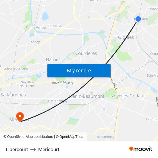 Libercourt to Méricourt map
