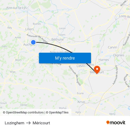 Lozinghem to Méricourt map