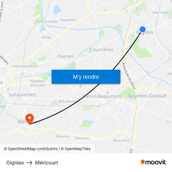 Oignies to Méricourt map