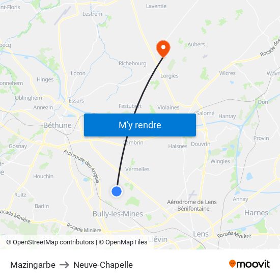 Mazingarbe to Neuve-Chapelle map