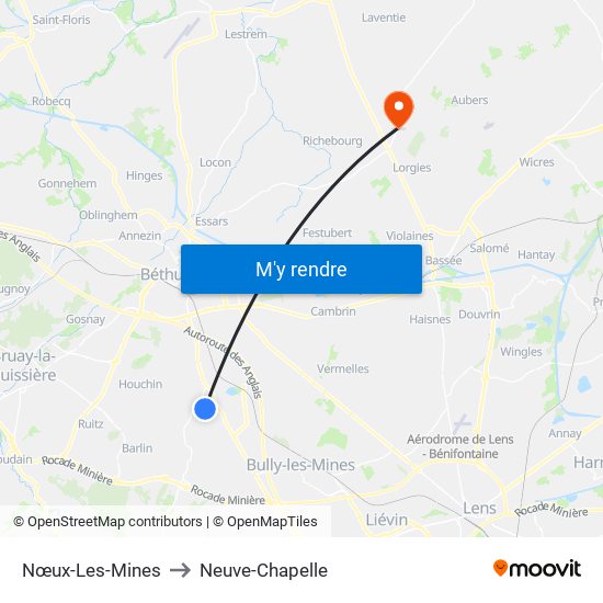 Nœux-Les-Mines to Neuve-Chapelle map