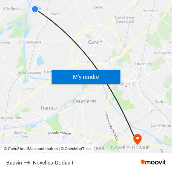 Bauvin to Noyelles-Godault map