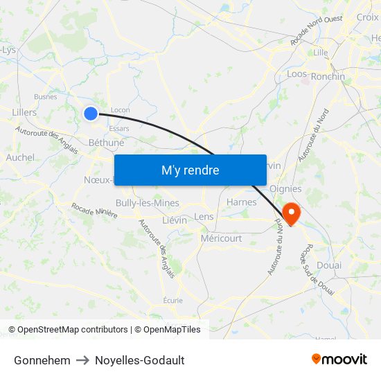 Gonnehem to Noyelles-Godault map