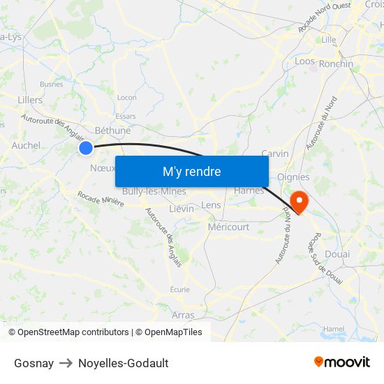 Gosnay to Noyelles-Godault map