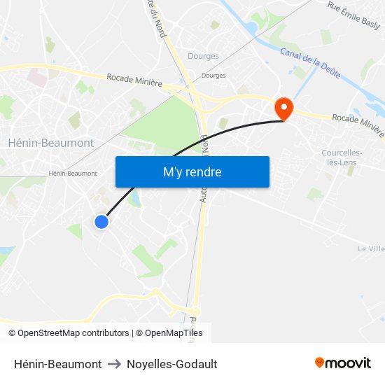 Hénin-Beaumont to Noyelles-Godault map