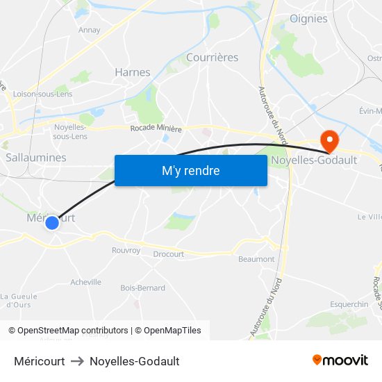 Méricourt to Noyelles-Godault map