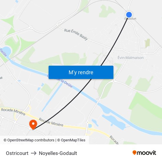 Ostricourt to Noyelles-Godault map