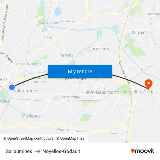 Sallaumines to Noyelles-Godault map