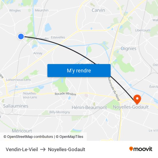 Vendin-Le-Vieil to Noyelles-Godault map