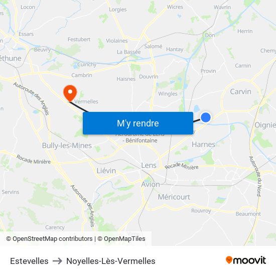 Estevelles to Noyelles-Lès-Vermelles map