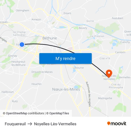 Fouquereuil to Noyelles-Lès-Vermelles map