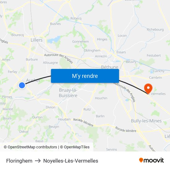 Floringhem to Noyelles-Lès-Vermelles map