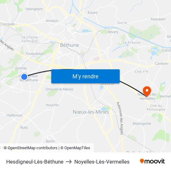 Hesdigneul-Lès-Béthune to Noyelles-Lès-Vermelles map