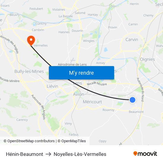 Hénin-Beaumont to Noyelles-Lès-Vermelles map