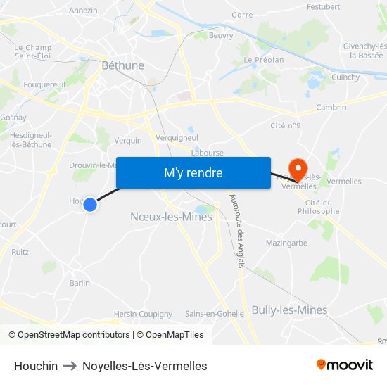 Houchin to Noyelles-Lès-Vermelles map