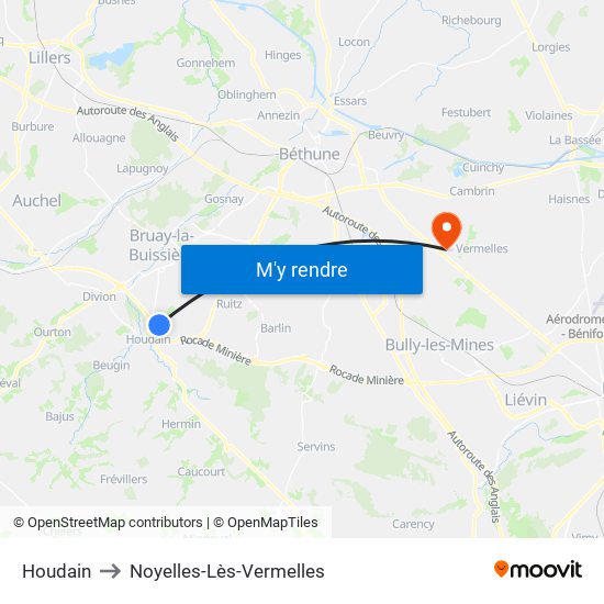Houdain to Noyelles-Lès-Vermelles map