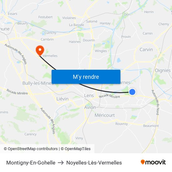 Montigny-En-Gohelle to Noyelles-Lès-Vermelles map